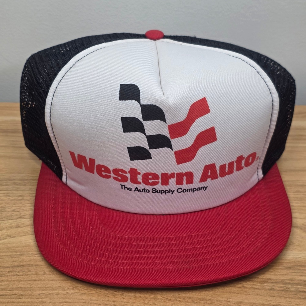 Vintage Western Auto‎ Trucker Hat Mens OSFA Red White Black Racing Mesh Cap 80's